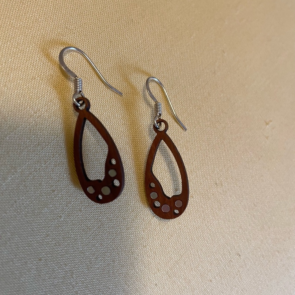 Handcrafted wooden teardrop earrings with tiny crystal accents